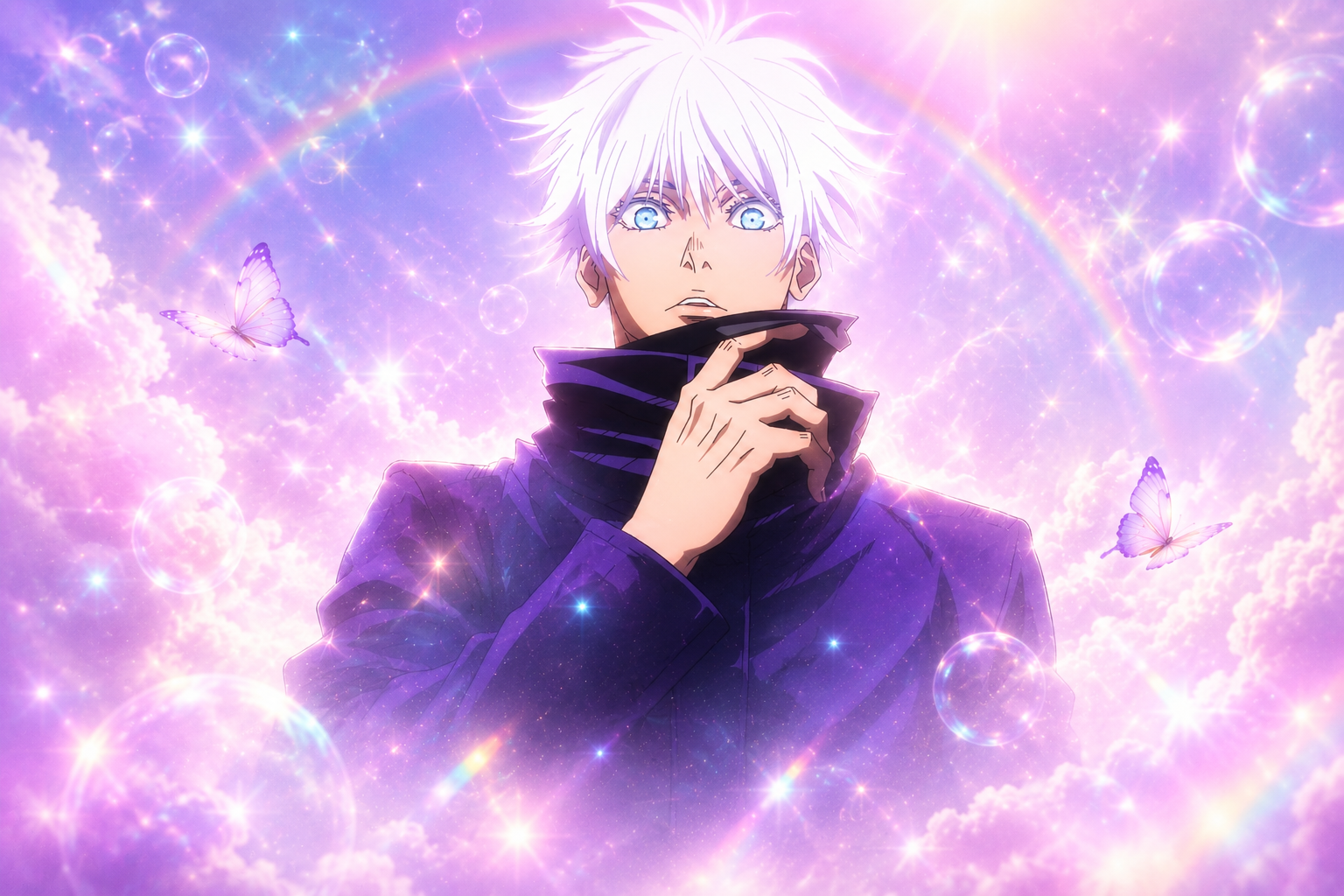 Anime character with white hair against a cloudy blue sky